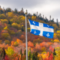 Quebec flag in the wind with fall trees