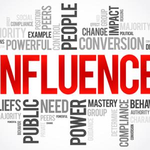 A word cloud with 'Influence' at the center, surrounded by words like 'Power,' 'People,' 'Public,' 'Leadership,' and 'Impact,' varying in size to reflect their connection to influence.