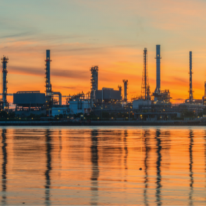 Oil refinery at sunset